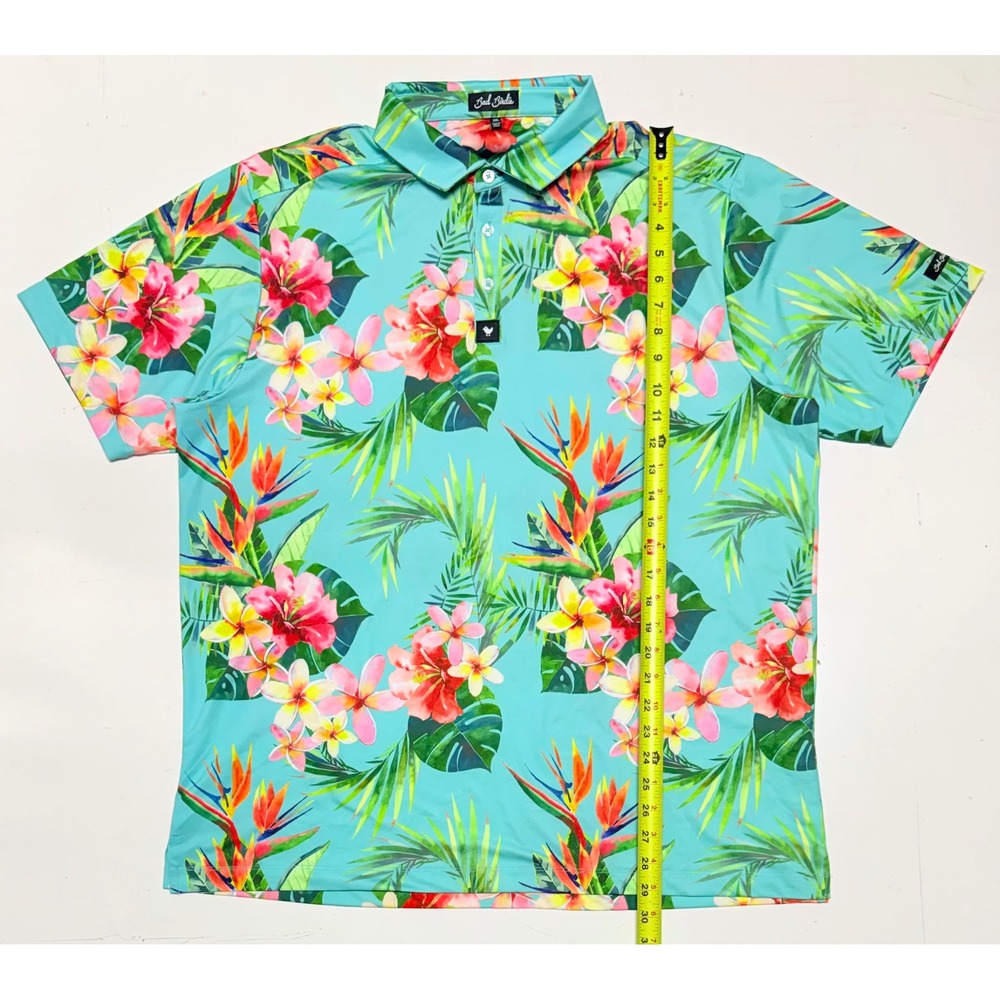 Bad Birdie‎ Mens 2XL Tropical Floral Golf Polo Turquoise Hibiscus Bird Paradise